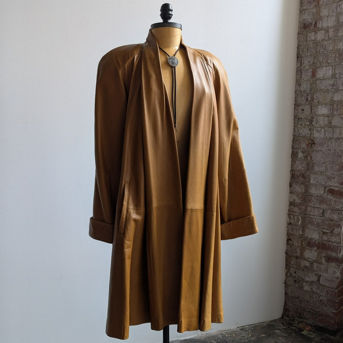 Vintage Brown Leather Trench Coat Boho Western Minimalist Neutral Jacket Large