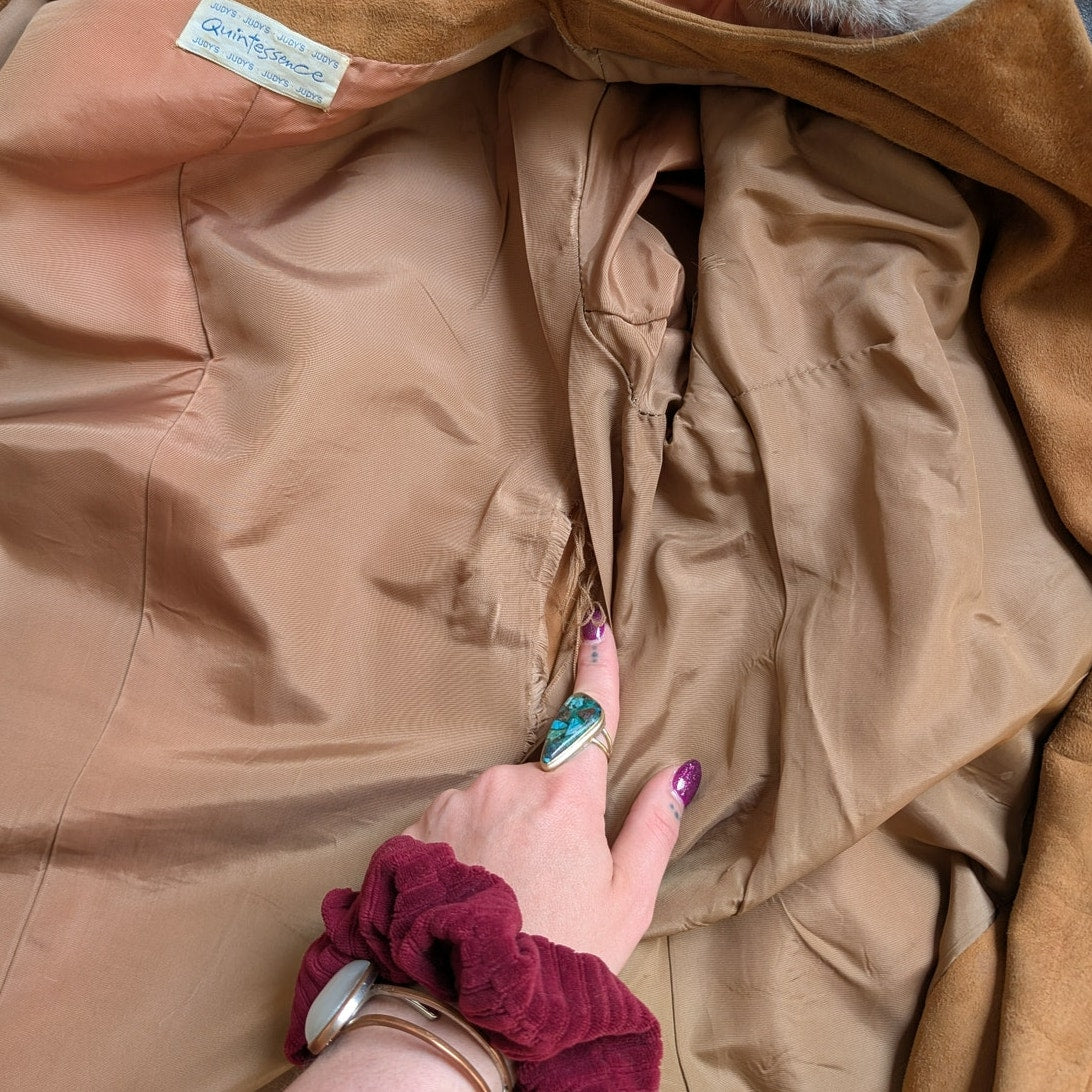 Vintage Brown Suede Fur Trim Penny Lane Jacket Furry Leather Trench Coat Medium