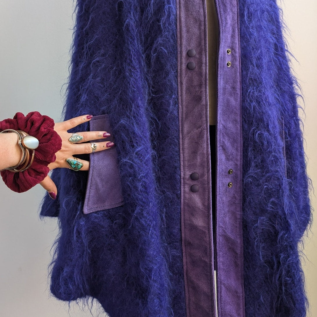 Vintage Purple Suede Mohair Cape Wool Jacket Shag Fur Coat Leather Poncho Medium