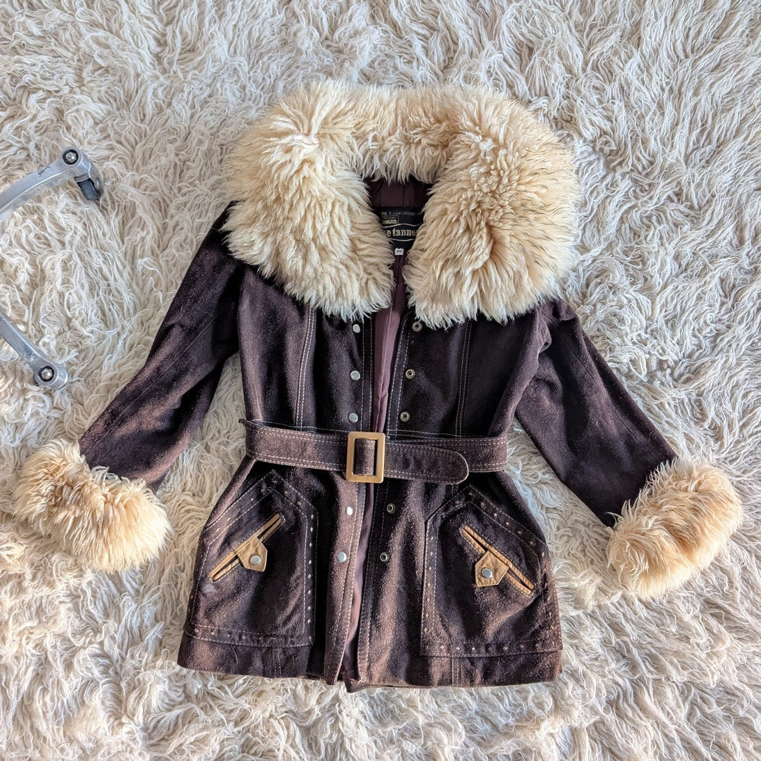 Vintage 70s Brown Suede Jacket Penny Lane Coat Shearling Fur Trim Western Small
