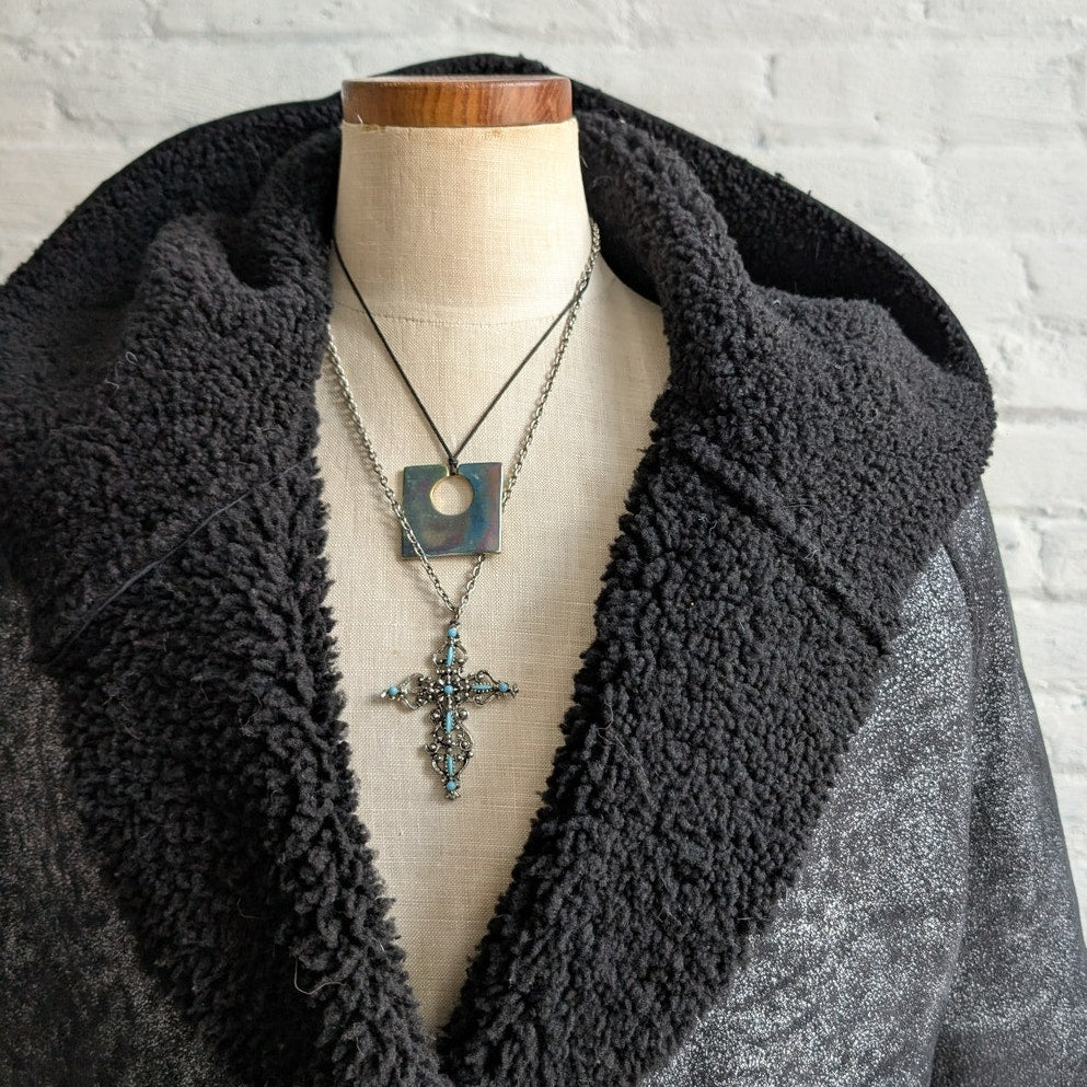 Vintage Black Leather Shearling Coat Afghan Fur Minimalist Chic Luxury Jacket