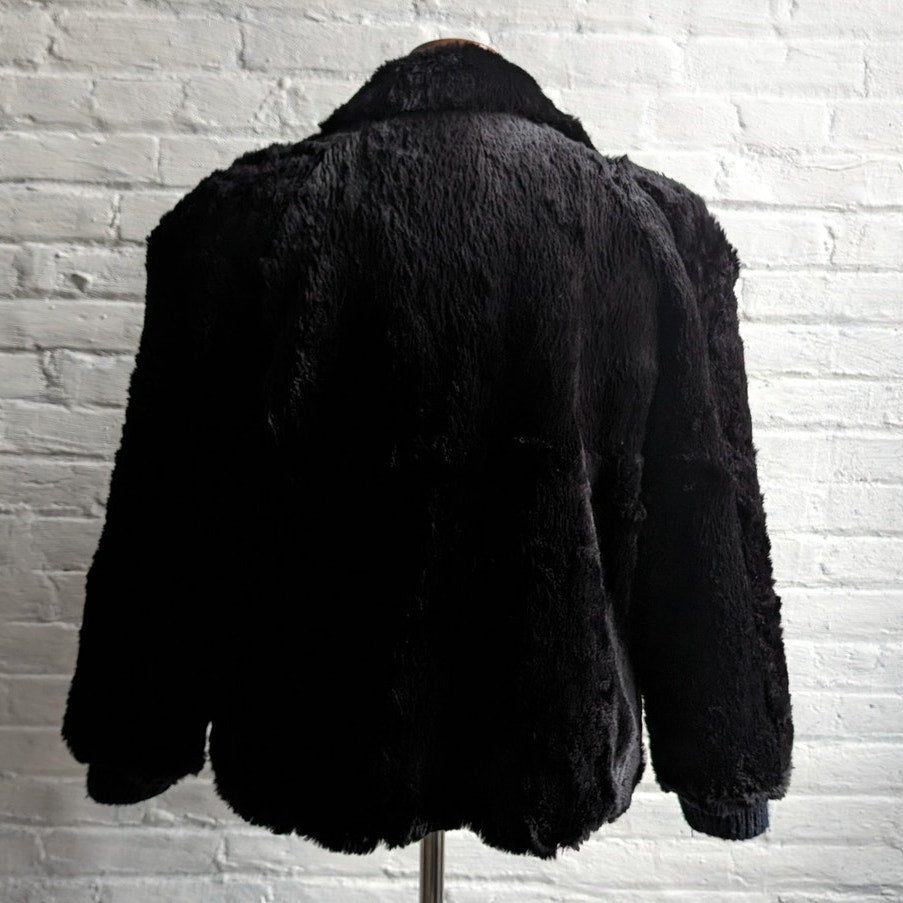 Vintage Black Rabbit Fur Bomber Coat Minimalist Shaggy Furry Fuzzy Moto Jacket