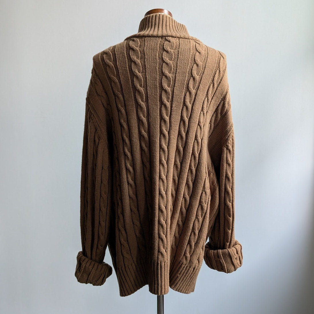 Vintage Brown Cable Knit Cardigan Chunky Grandpa Cosby Sweater Minimalist XL