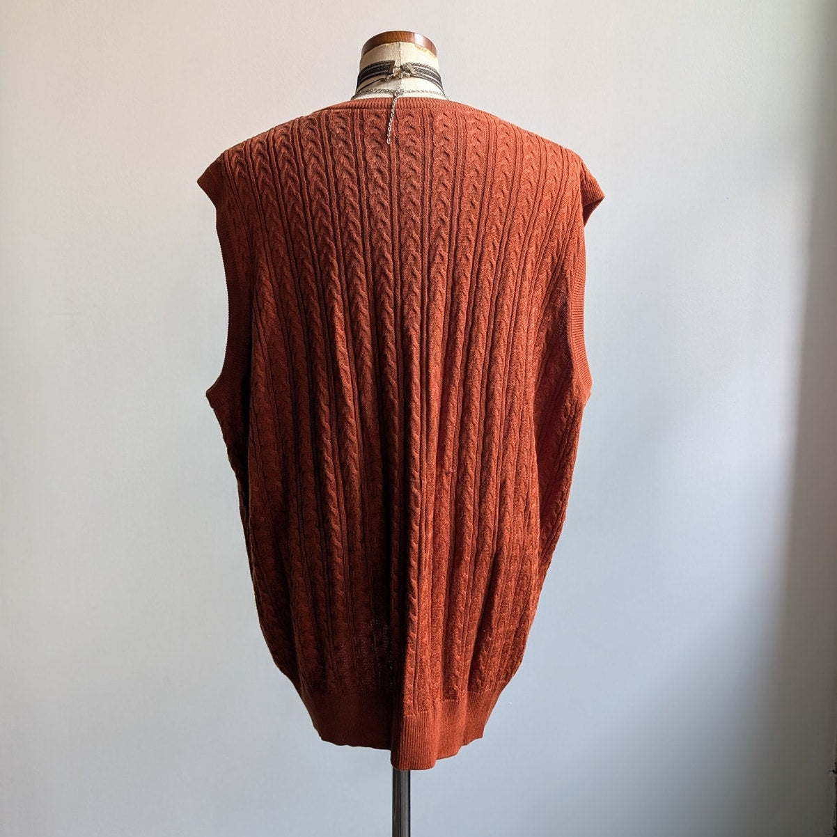 Vintage Silk Cable Knit Sweater Vest Rust Orange Grandpa Cottage Preppy Top XL
