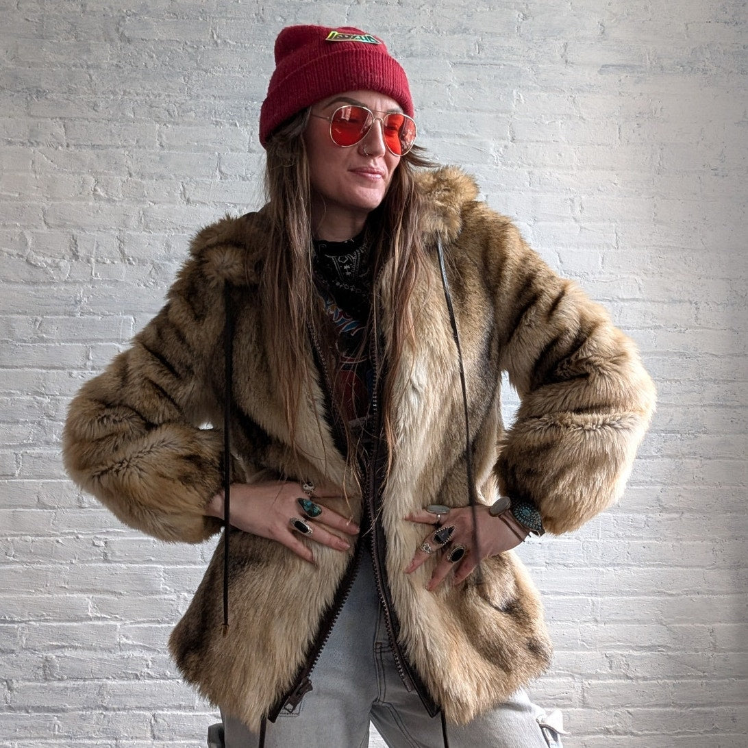 Vintage Brown Faux Fur Coat Groovy Shaggy Retro Mob Wife Boho Penny Lane Jacket