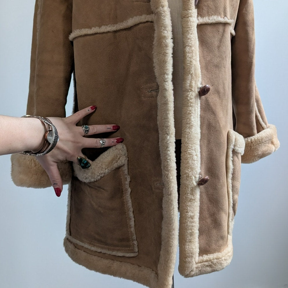 Vintage Brown Suede Shearling Coat Fur Coat Wool Minimalist Winter Jacket Medium