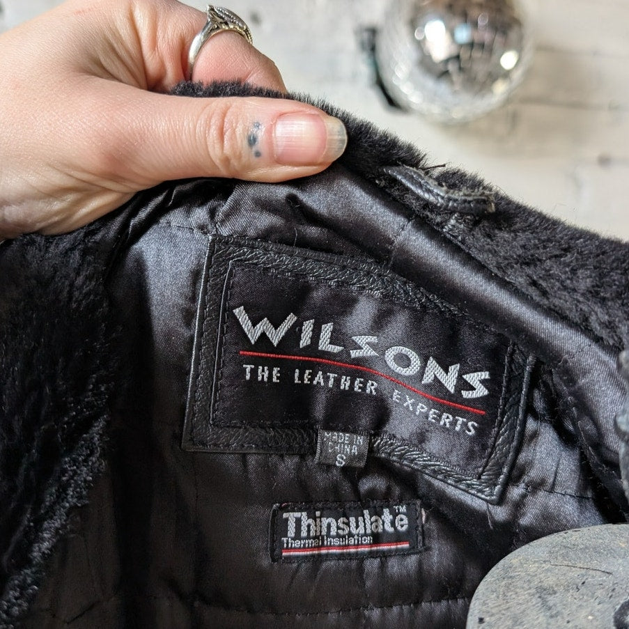 Vintage Black Leather Penny Lane Coat Faux Fur Trench Minimalist Goth Jacket