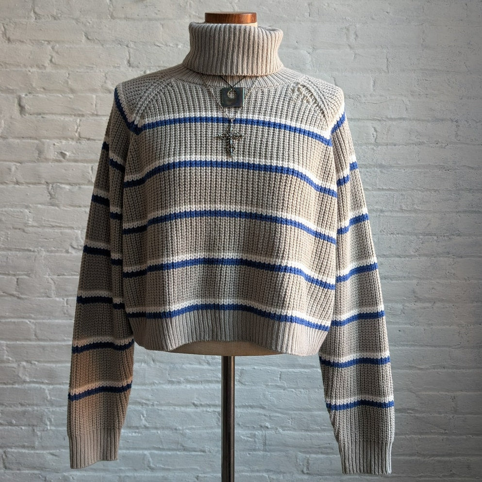 Y2K Oversize Gray Striped Knit Grandpa Sweater Boho Chic Preppy Chunky Fuzzy Top