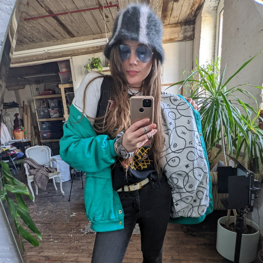 Vintage Oversize Sweater Jacket Reversible Green Sweat Jacket Fleece Coat Large