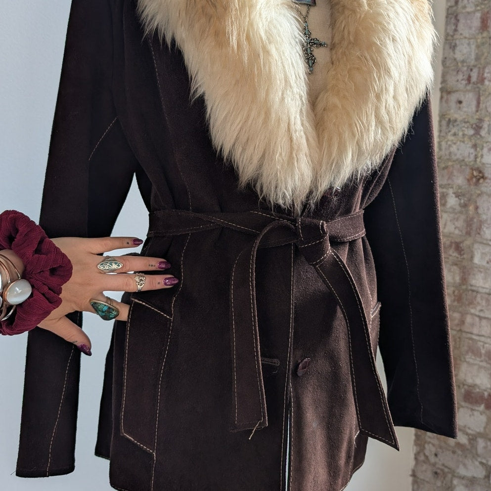 Vintage Brown Suede Penny Lane Jacket Belted Furry Leather Western Coat Medium