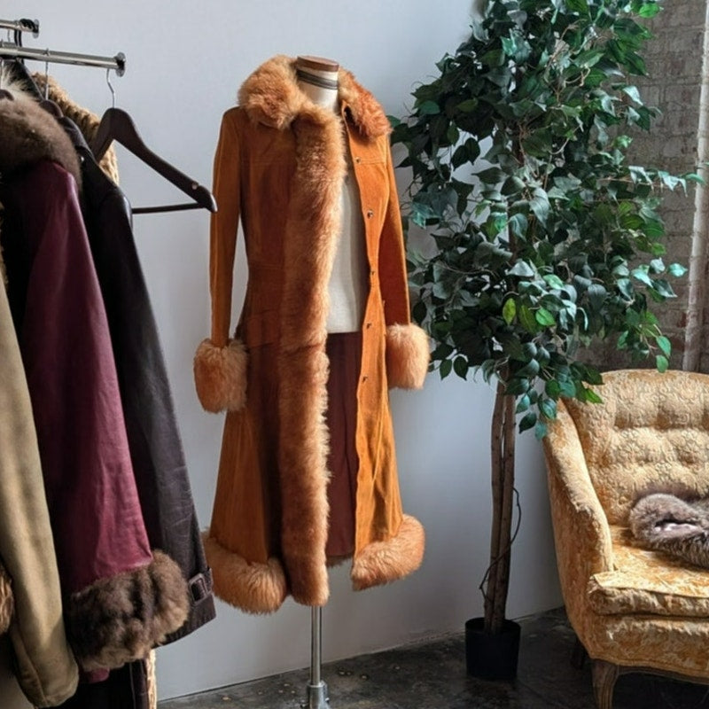 Vintage Orange Suede Penny Lane Afghan Trench Coat Fur Trim 70s Leather Jacket S