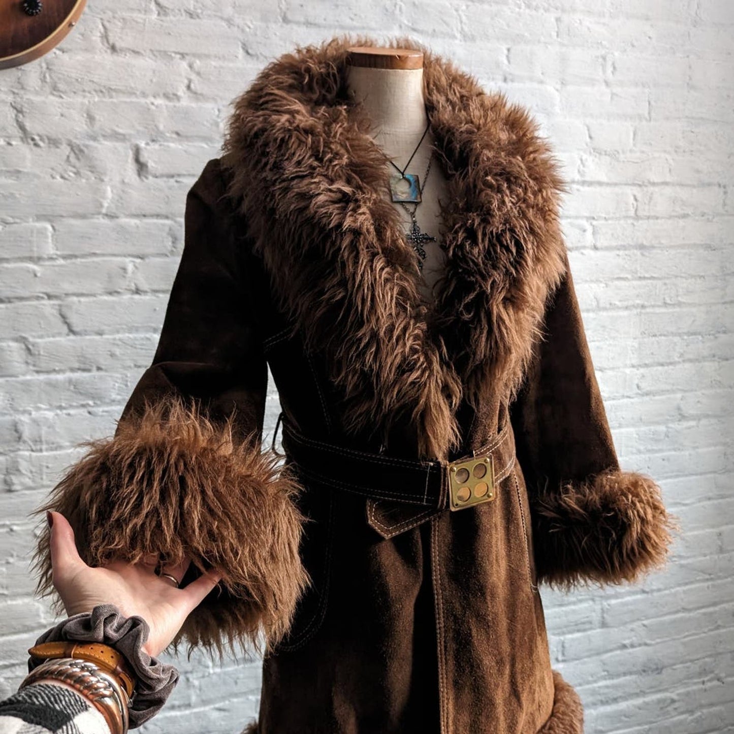 Vintage Penny Lane Fur Furry Genuine Suede Leather Groovy Mod Trench Coat Jacket