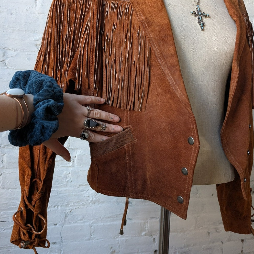 Vintage Rust Orange Brown Suede Leather Jacket Fringe Biker Western Moto Coat