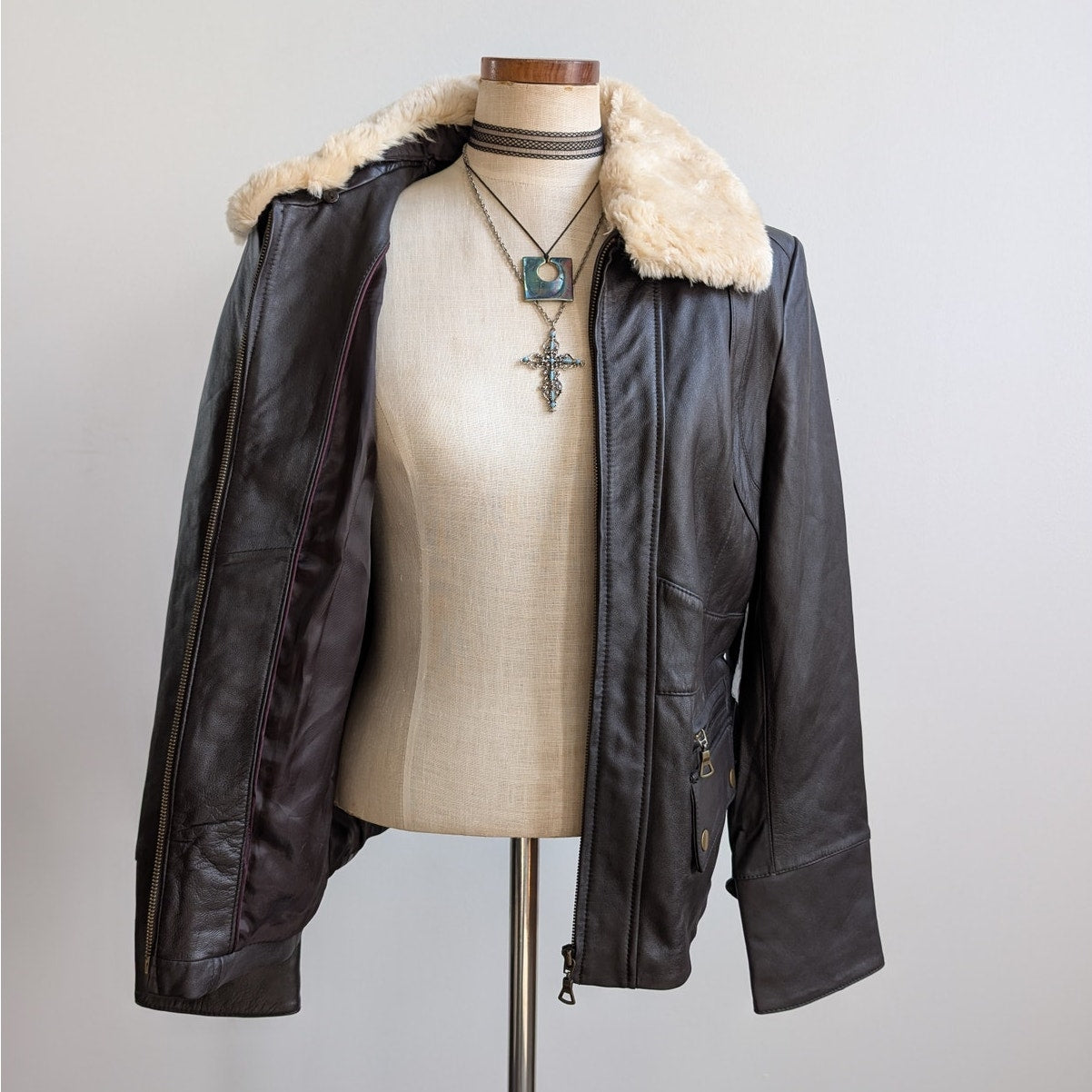 Vintage Brown Leather Jacket Faux Fur Lambskin Moto Chic Biker Bomber Coat Large