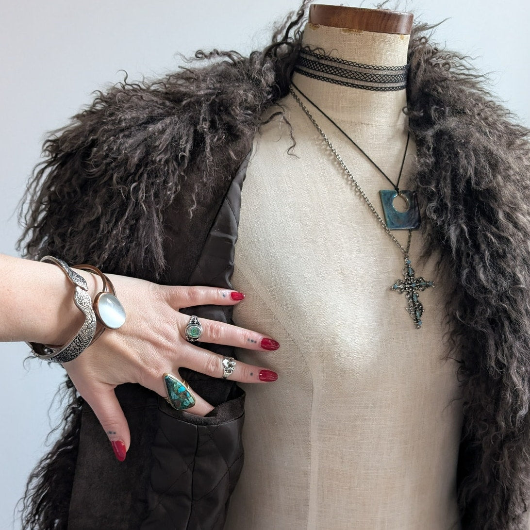 Vintage Brown Suede Penny Lane Jacket Fur Shag Leather Groovy Trench Coat Medium