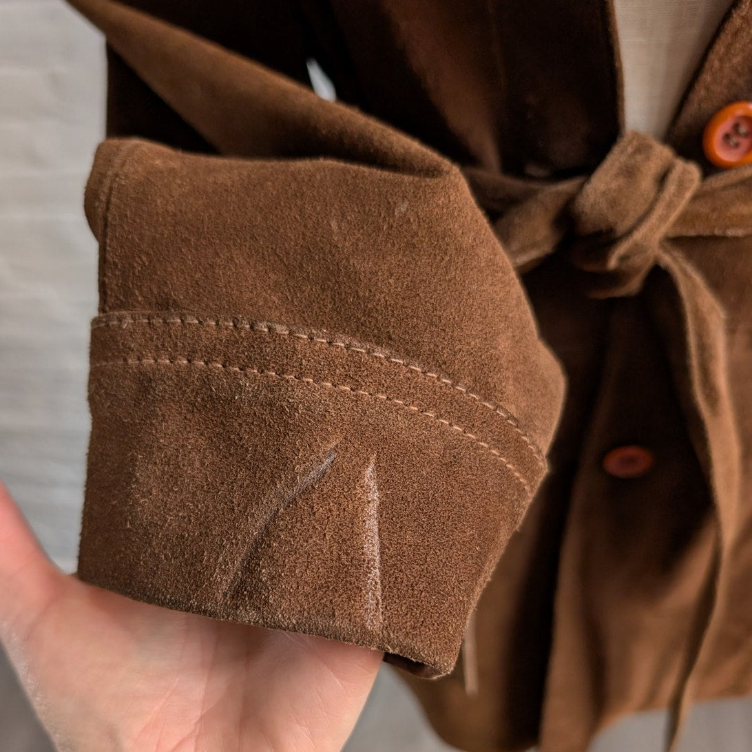 70s Vintage Brown Suede Leather Jacket Minimalist Boho Moto Biker Trench Coat
