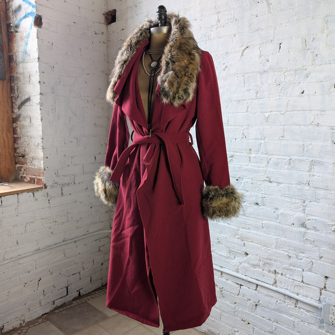 Y2K Red Faux Fur Shaggy Penny Lane Jacket Dark Romance Knit Bratz Trench Coat