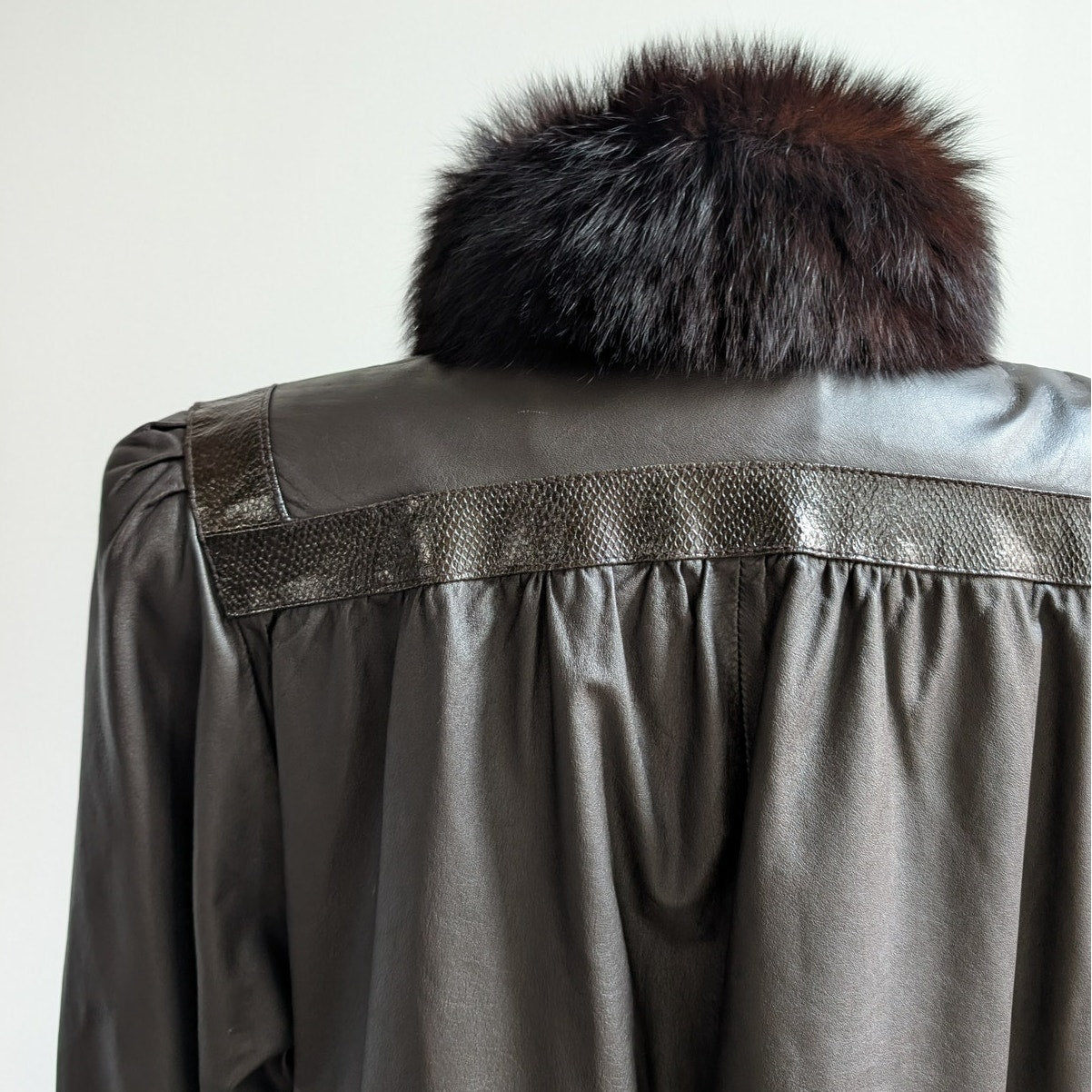 Vintage Black Leather Trench Coat Fur Penny Lane Jacket Goth Minimalist Large