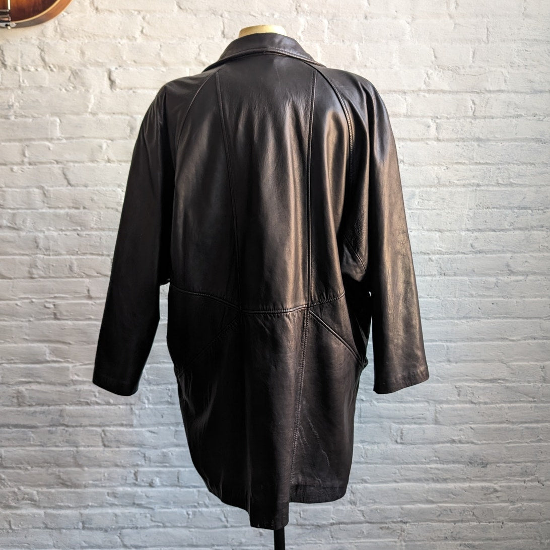 Vintage Minimalist Black Leather Duster Chic Baddie Biker Moto Goth Trench Coat