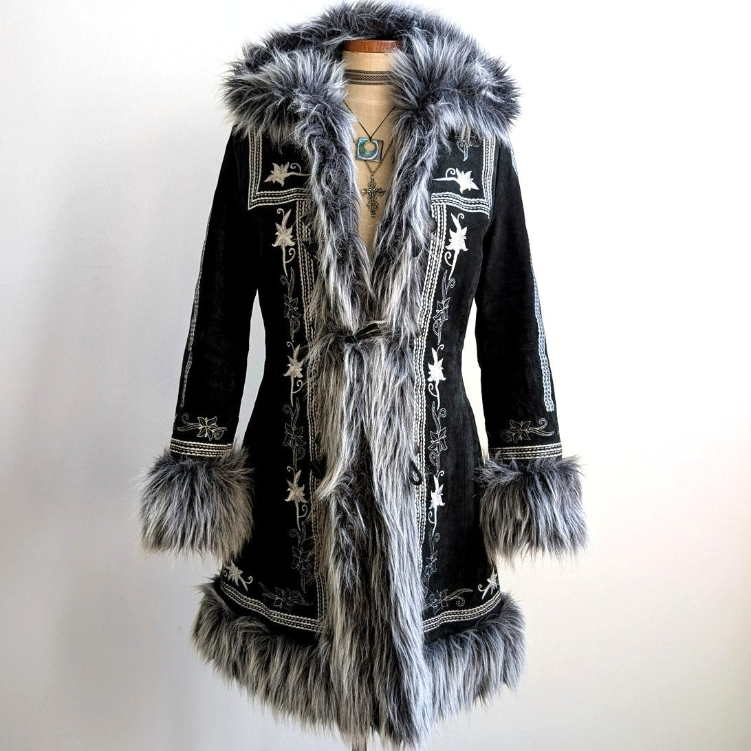 Vintage Black Suede Coat Penny Lane Groovy Faux Fur Jacket Afghan Trench Medium