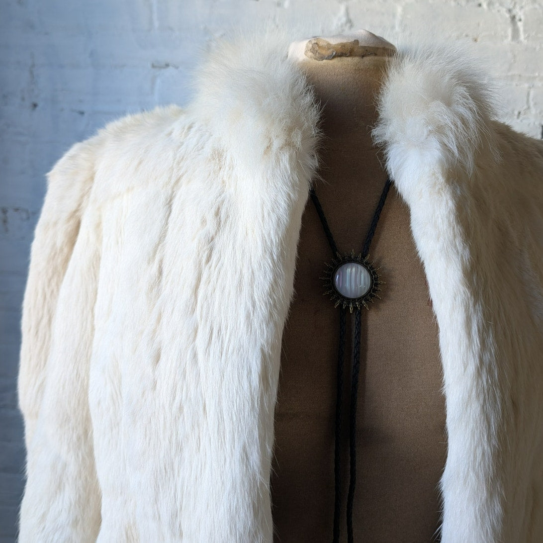 Vintage White Rabbit Fur Coat Mob Wife Minimalist Furry Boho Chic Glam Jacket