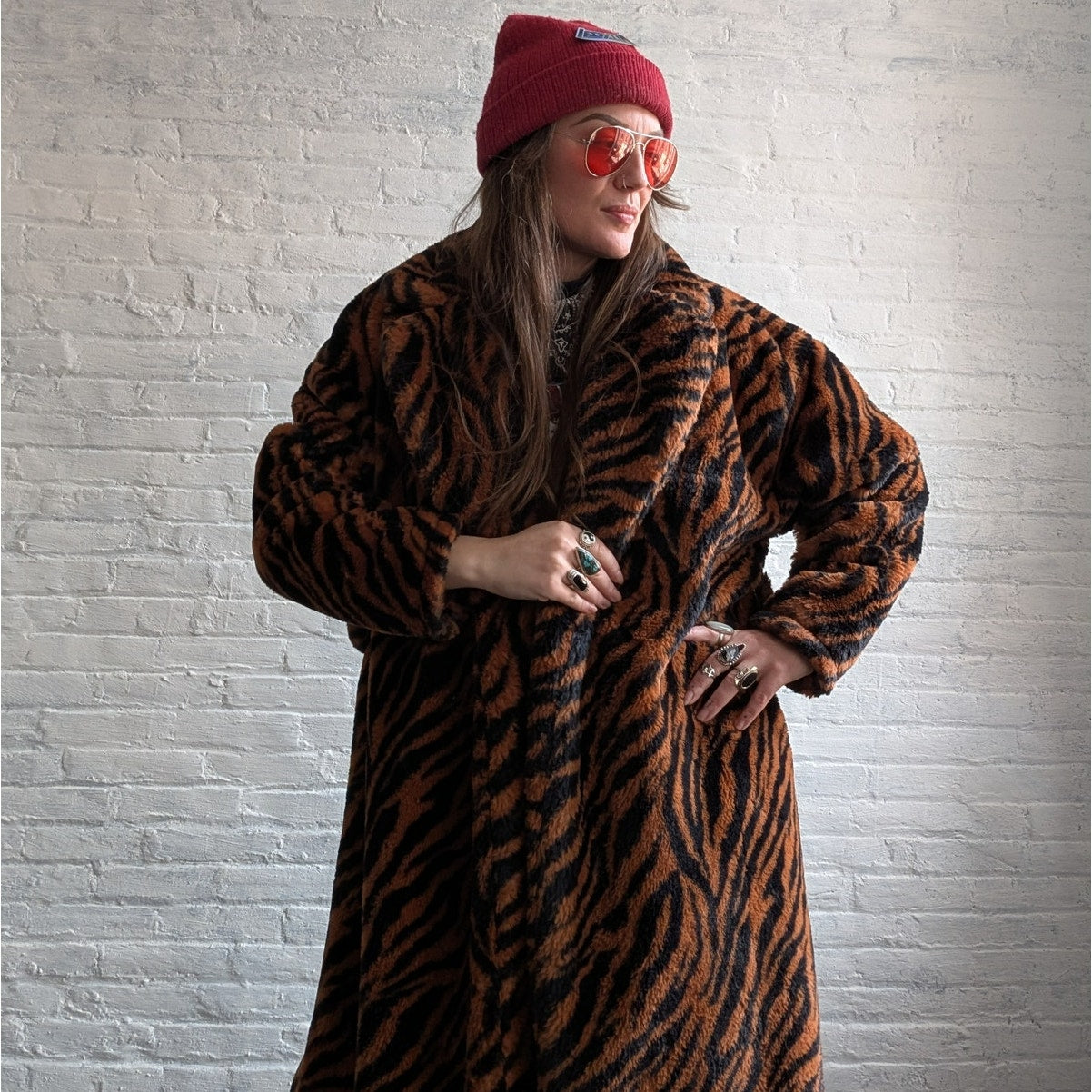 Y2K Orange Cheetah Faux Fur Trench Coat Striped Animal Print Fuzzy Furry Jacket