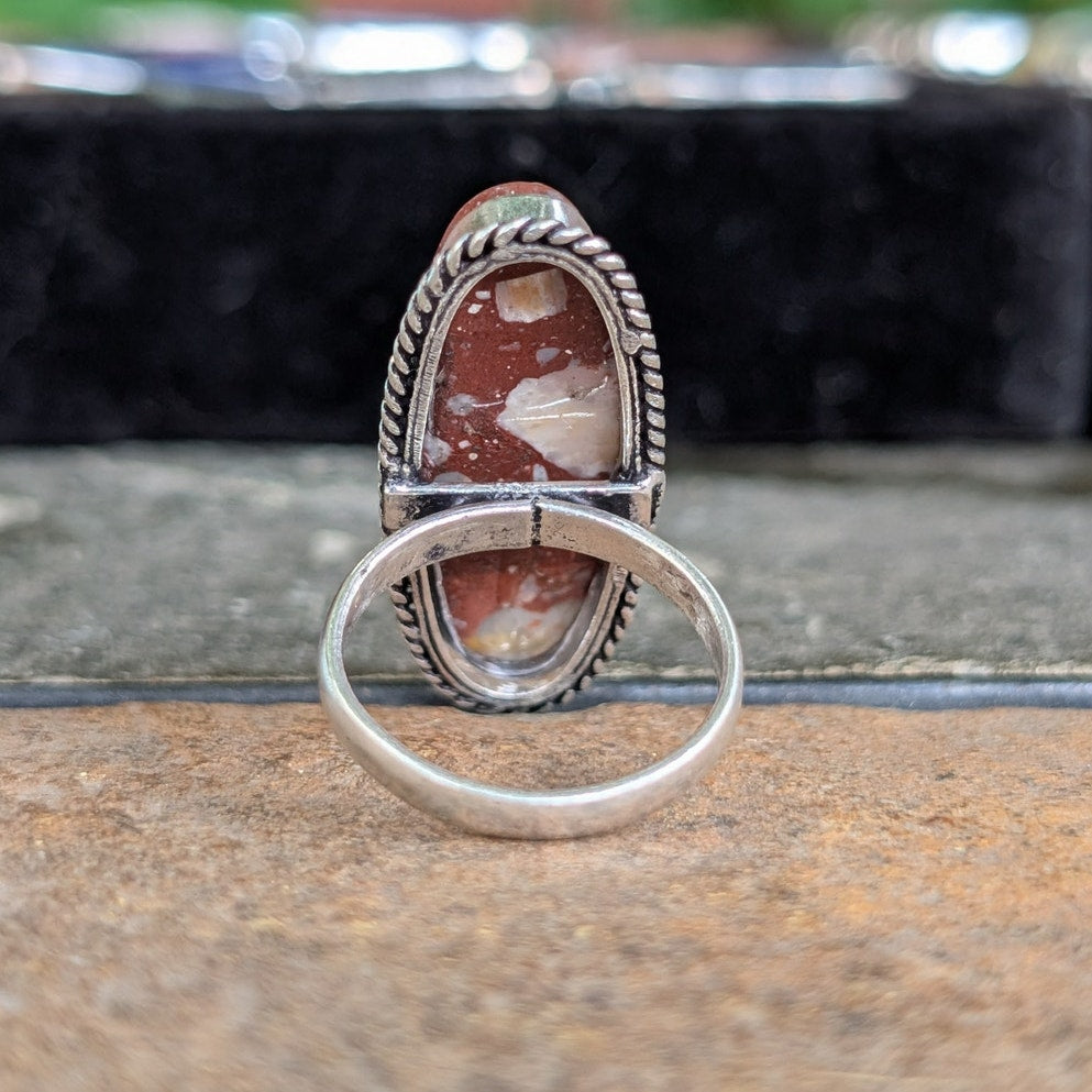 Red Oval Boho Ring Silver Statement Ring Groovy Vintage Southwest Rusty Size 8.5