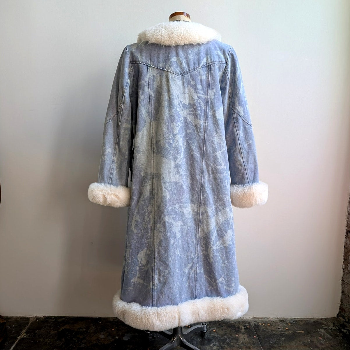 Y2K Faux Fur Penny Lane Coat Acid Wash Denim Trench Coat Afghan Jacket Large