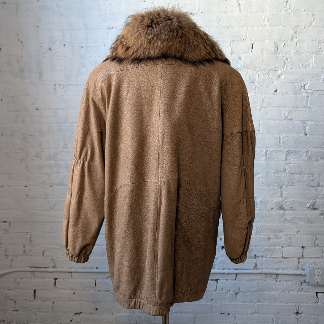 Vintage Tan Genuine Suede Raccoon Fur Trim Coat Leather Mini Trench Jacket