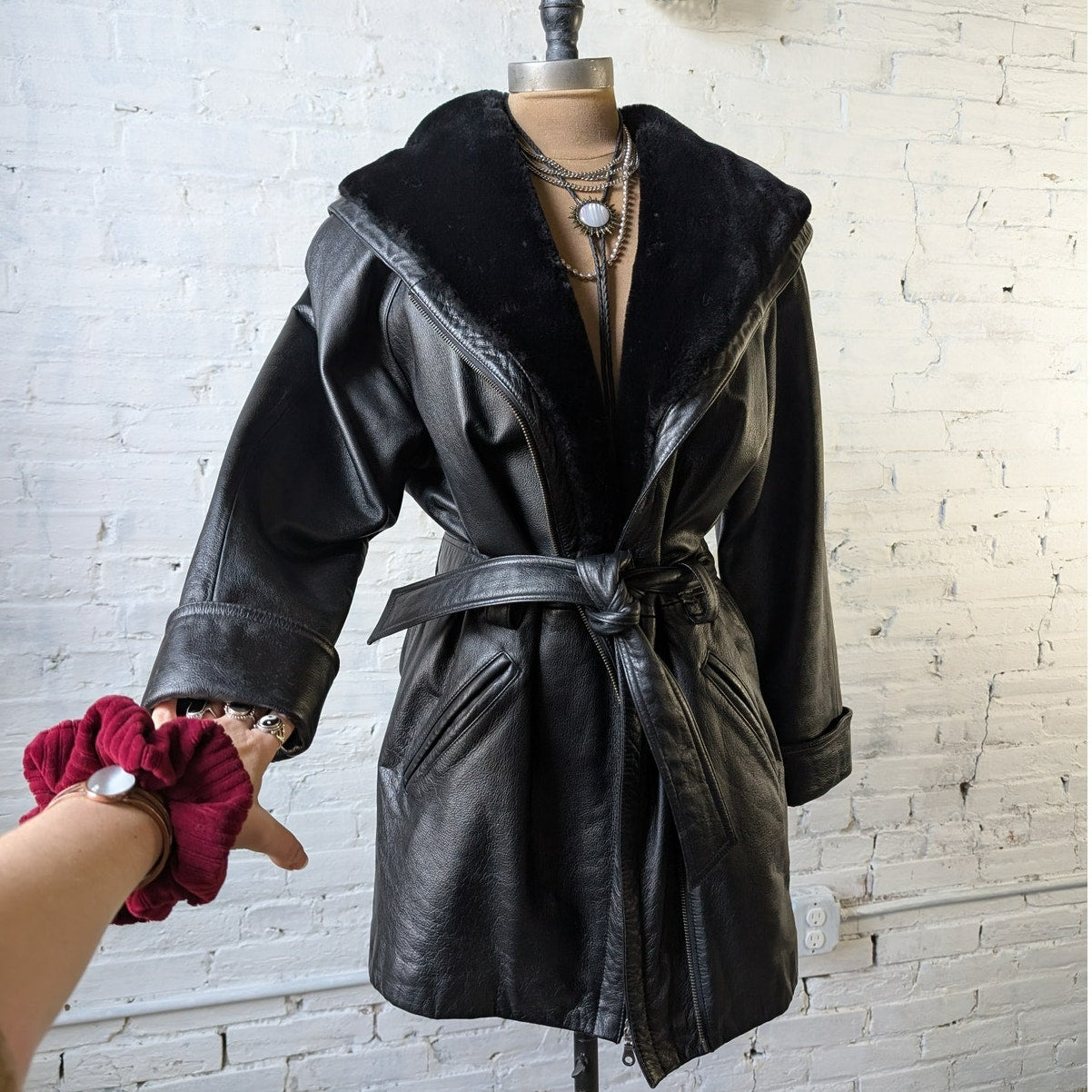 Vintage Black Leather Penny Lane Coat Faux Fur Trench Minimalist Goth Jacket