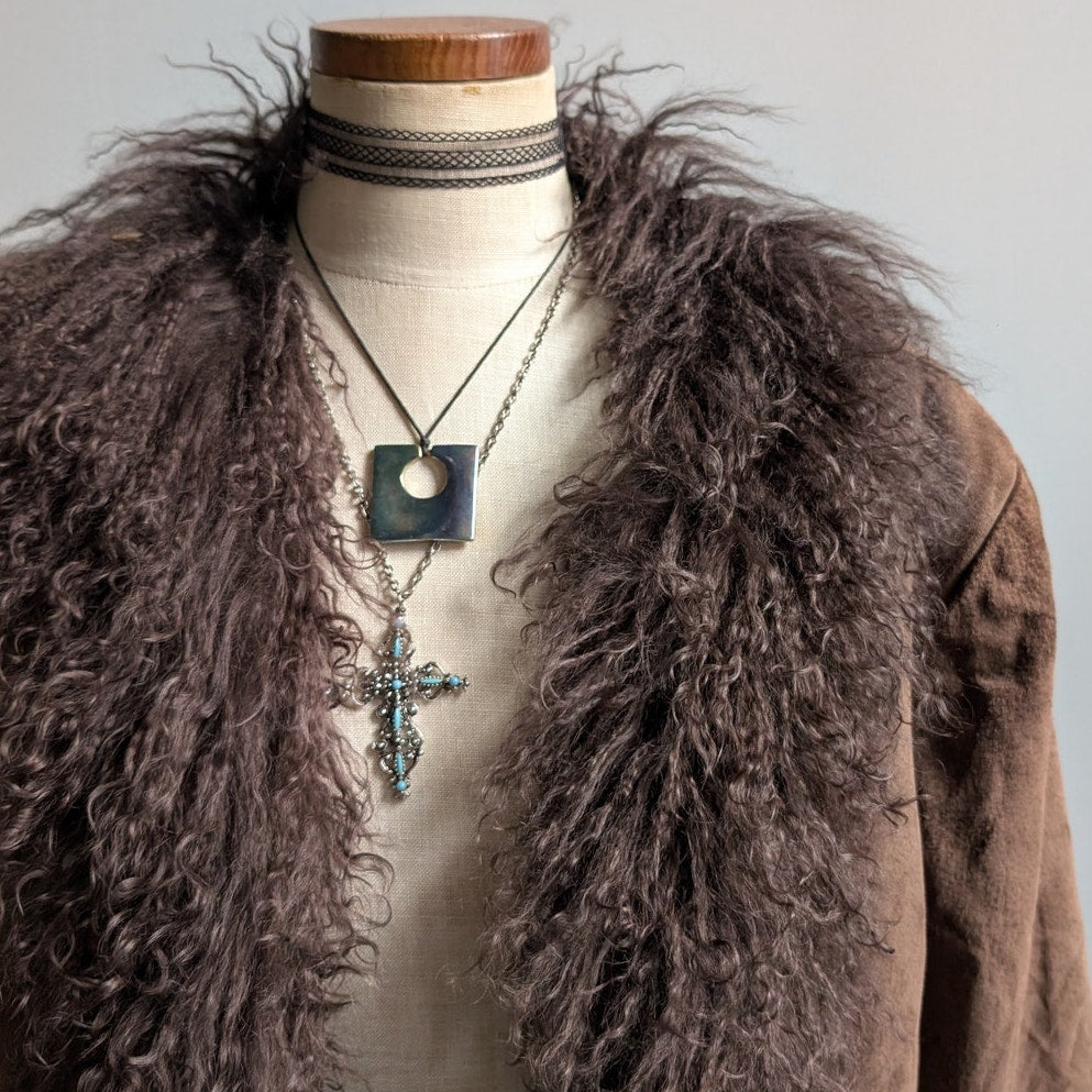 Vintage Brown Suede Penny Lane Jacket Fur Coat Groovy Leather Trench Coat XL