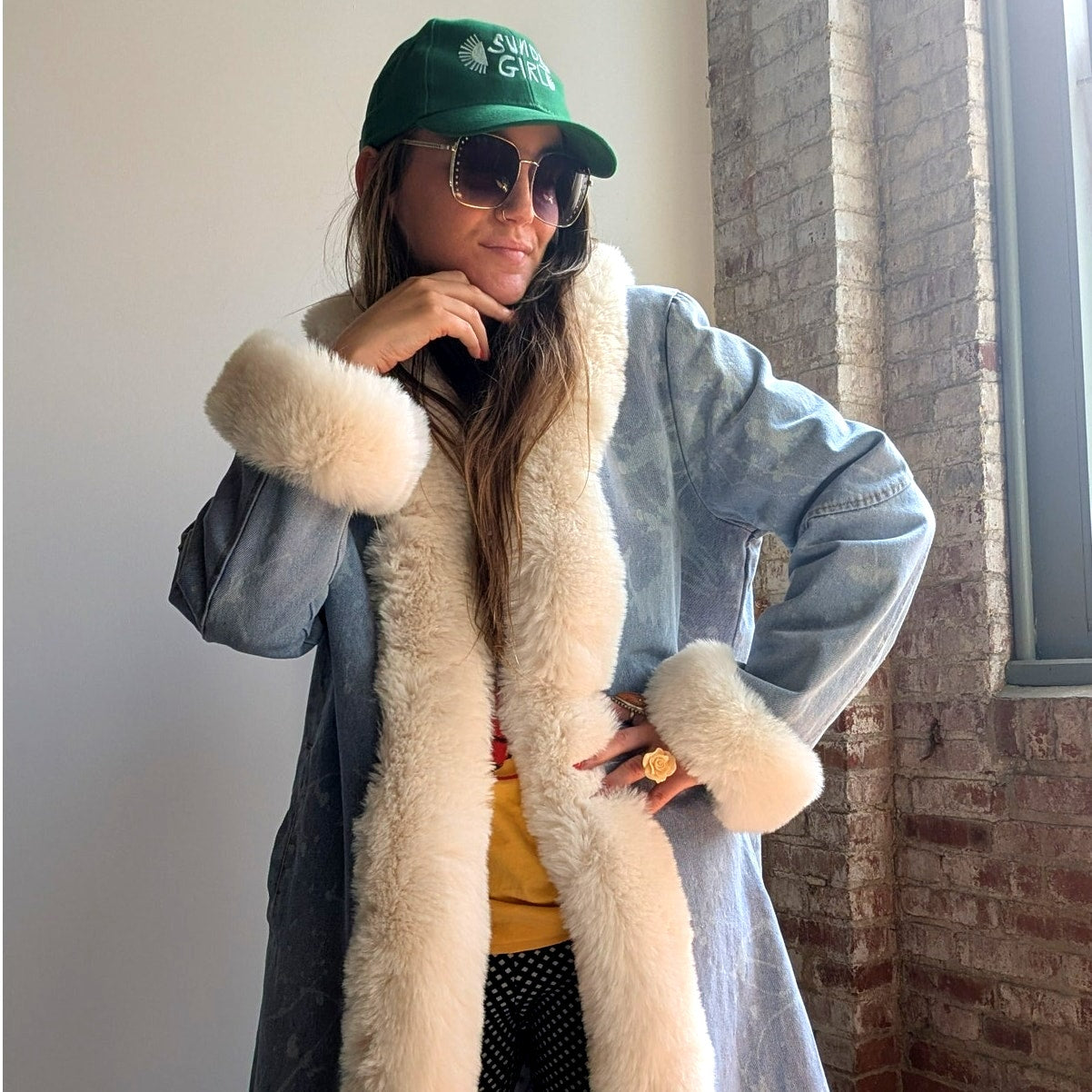 Y2K Faux Fur Penny Lane Coat Acid Wash Denim Trench Coat Afghan Jacket Large