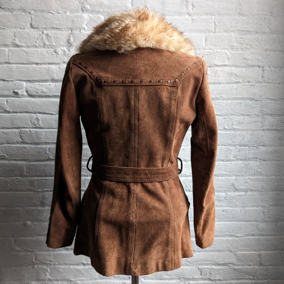 70s Penny Lane Groovy Suede Fur Jacket Furry Genuine Leather Mod Trench Coat