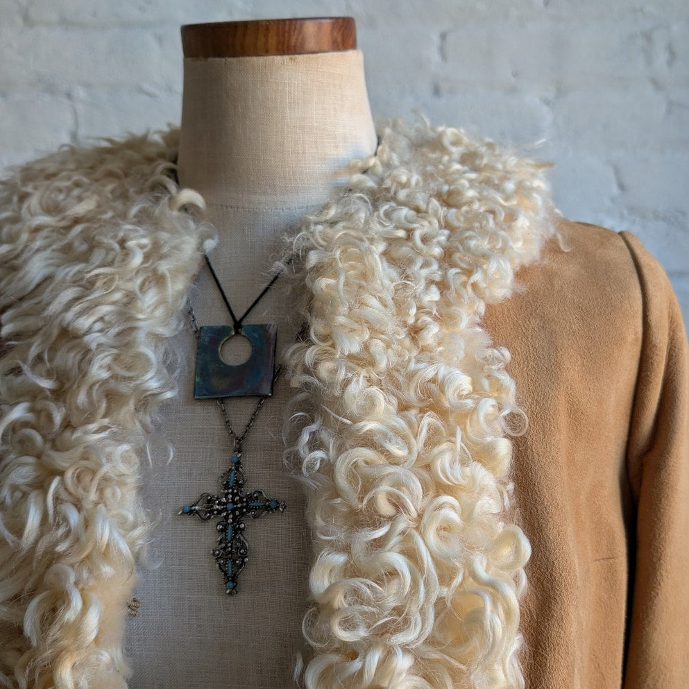 70s Vintage Neutral Tan Suede Penny Lane Jacket Genuine Leather Boho Fur Coat