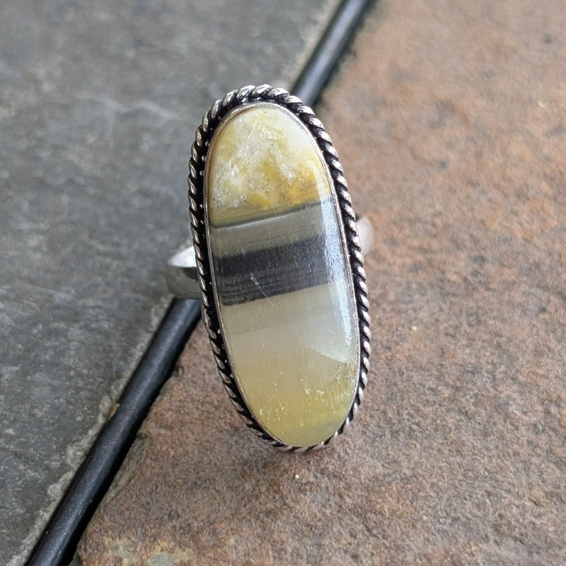 Yellow Striped Boho Statement Ring Sterling Silver Vintage Southwest Size 7.75