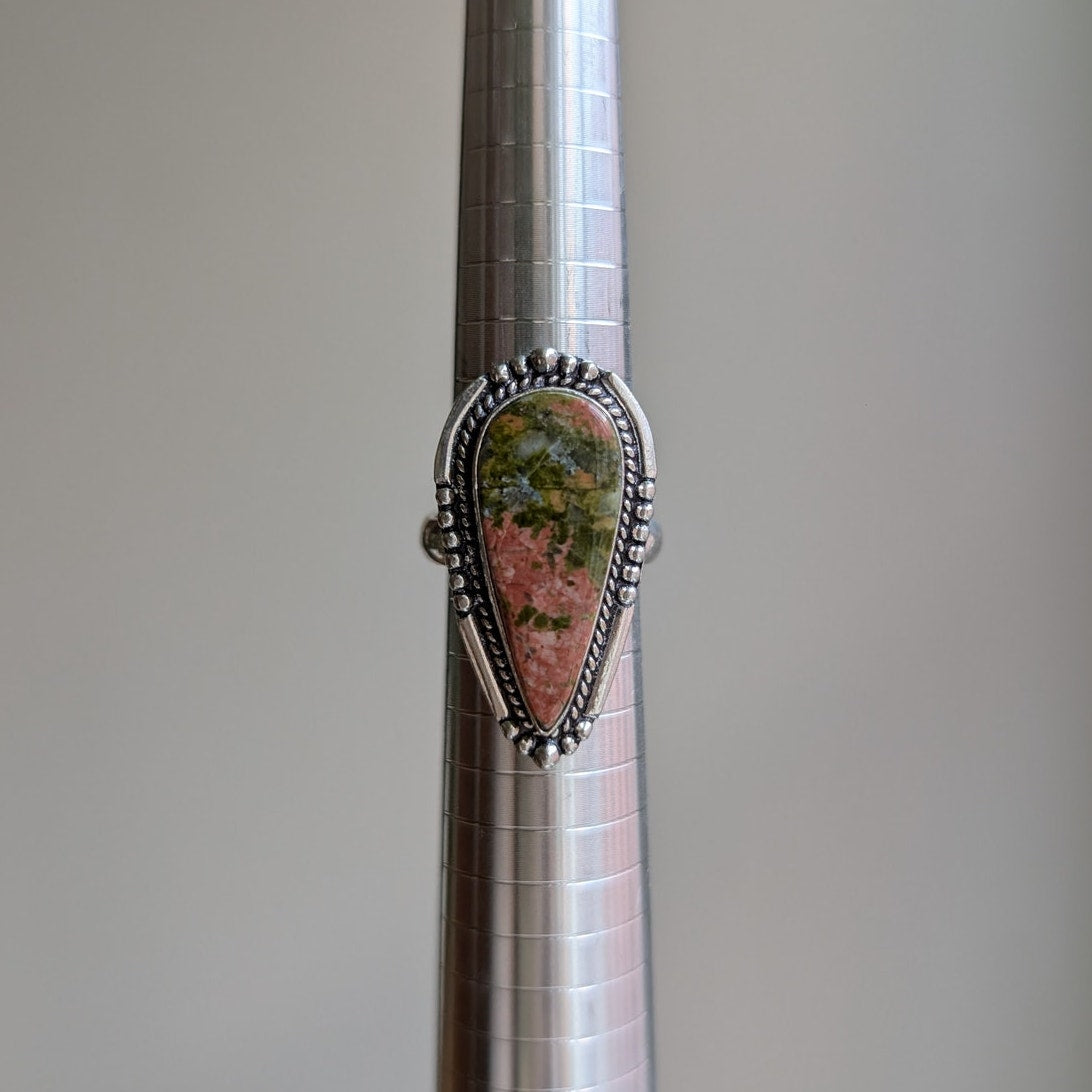Earthy Pink Green Sterling Silver Ring Retro Vintage Boho Natural Stone Size 8