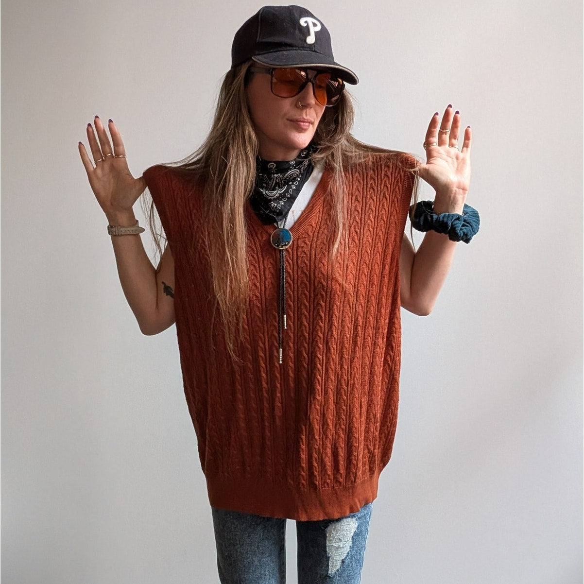 Vintage Silk Cable Knit Sweater Vest Rust Orange Grandpa Cottage Preppy Top XL