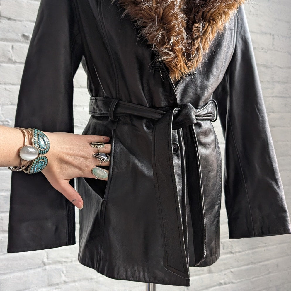 Vintage Black Minimalist Leather Fur Coat Penny Lane Chic Goth Furry Moto Jacket
