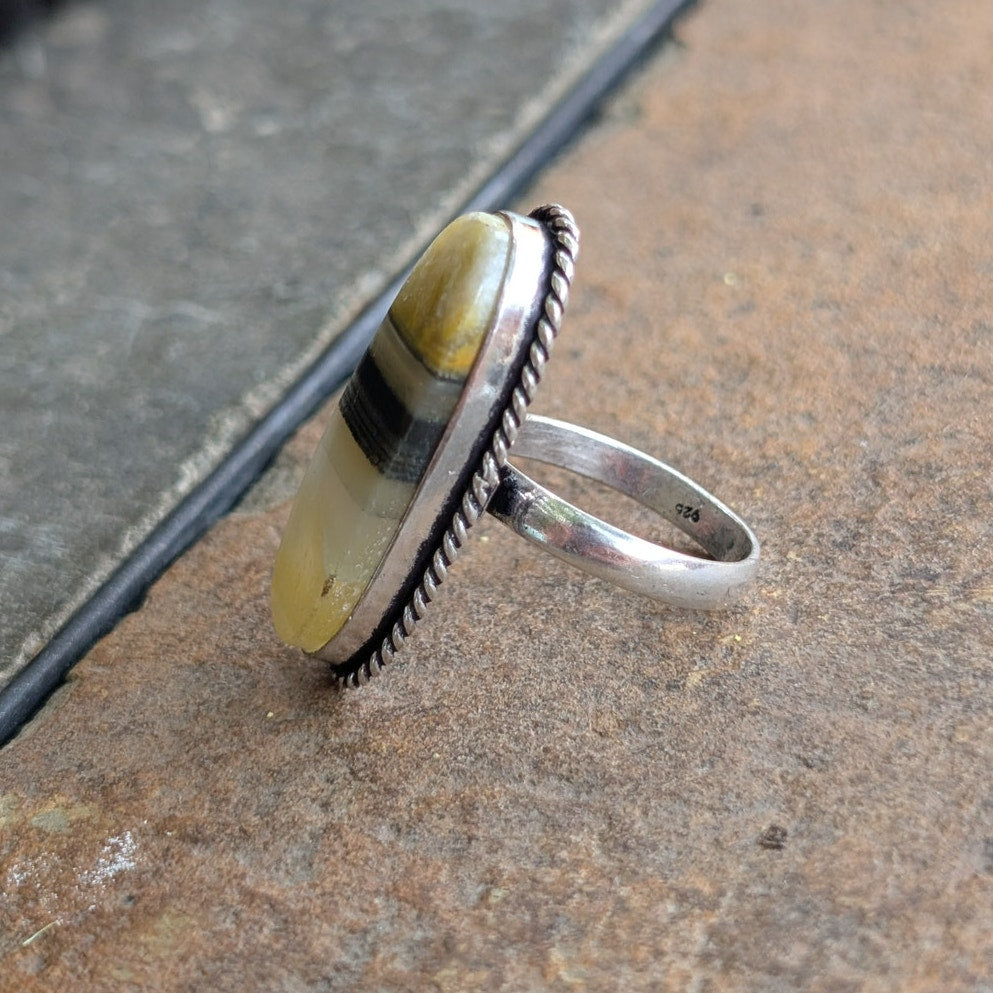 Yellow Striped Boho Statement Ring Sterling Silver Vintage Southwest Size 7.75
