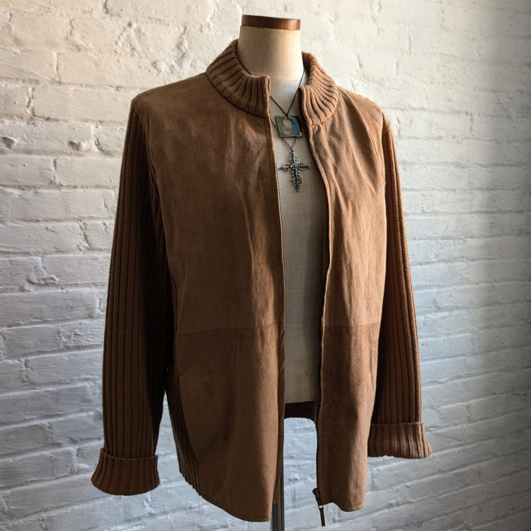 90s Vintage Brown Suede Jacket Vegan Knit Shacket Cozy Boho Western Cardigan