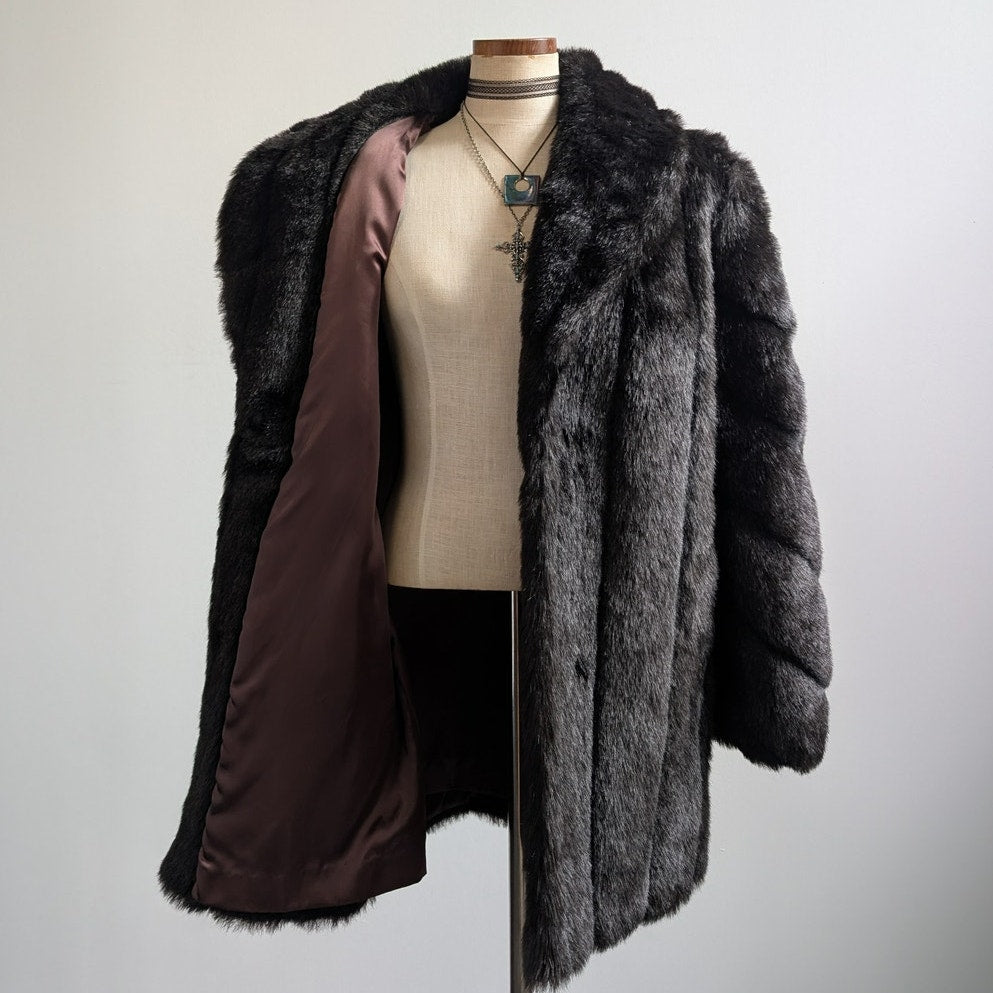 Vintage Black Faux Fur Coat Fur Trim Jacket Mob Wife Minimalist Goth Chic Medium