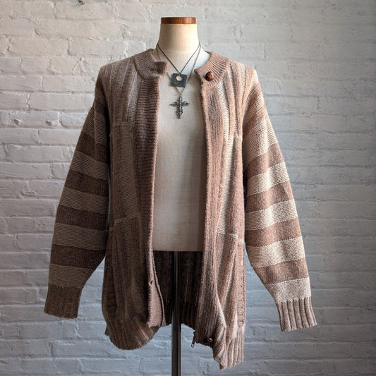 Vintage Wool Neutral Knit Cardigan Zipper Chunky Stripe Sweater Cozy Shacket