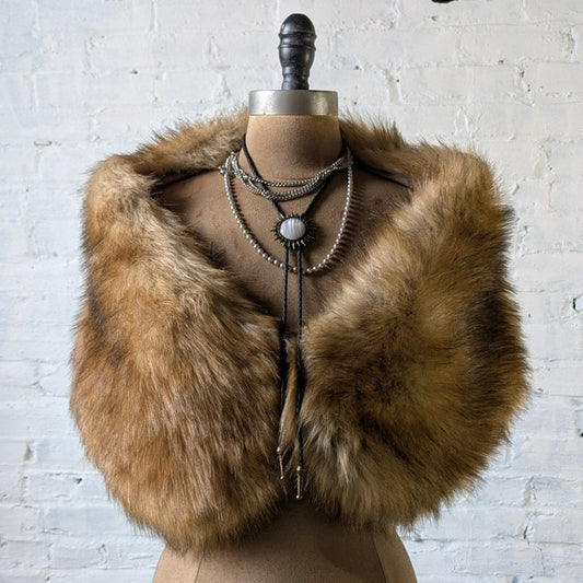 Vintage Faux Fur Brown Stole Luxury Scarf Boho Chic Shawl Bridal Fuzzy Shrug