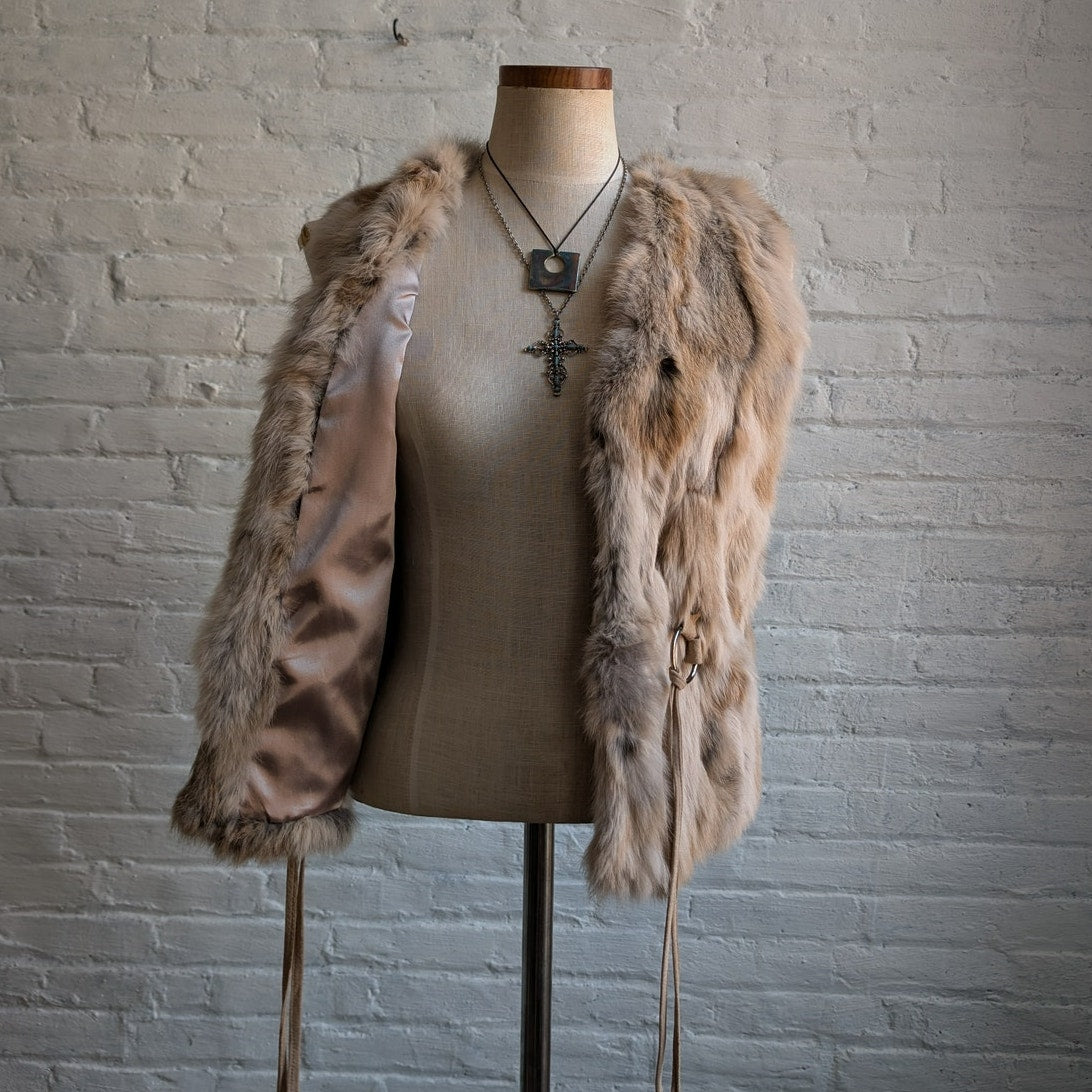 Vintage Cream Rabbit Fur Vest Penny Lane Fuzzy Spotted Groovy Boho Moto Jacket