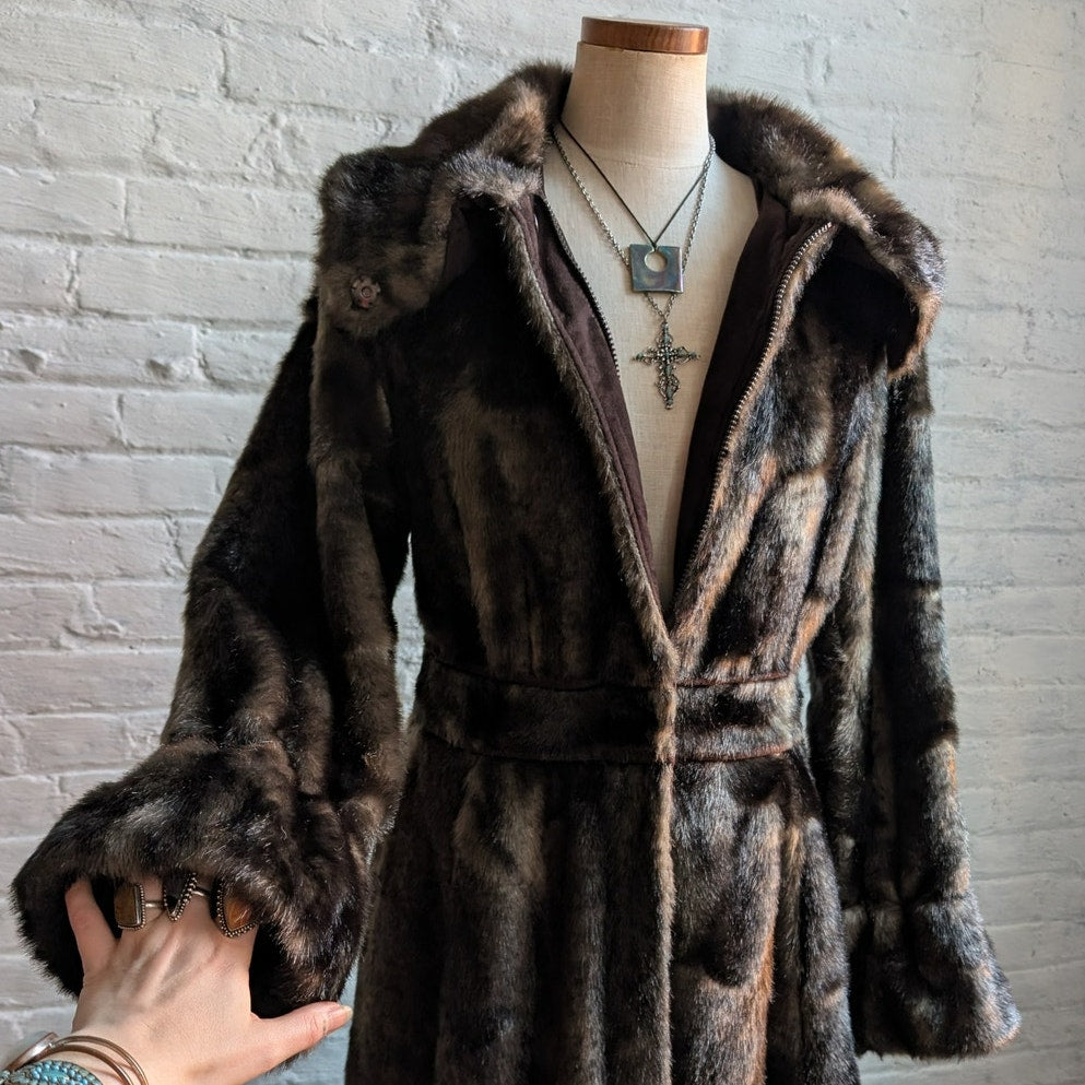 Vintage Brown Faux Fur Afghan Penny Lane Jacket Shaggy Furry Boho Trench Coat
