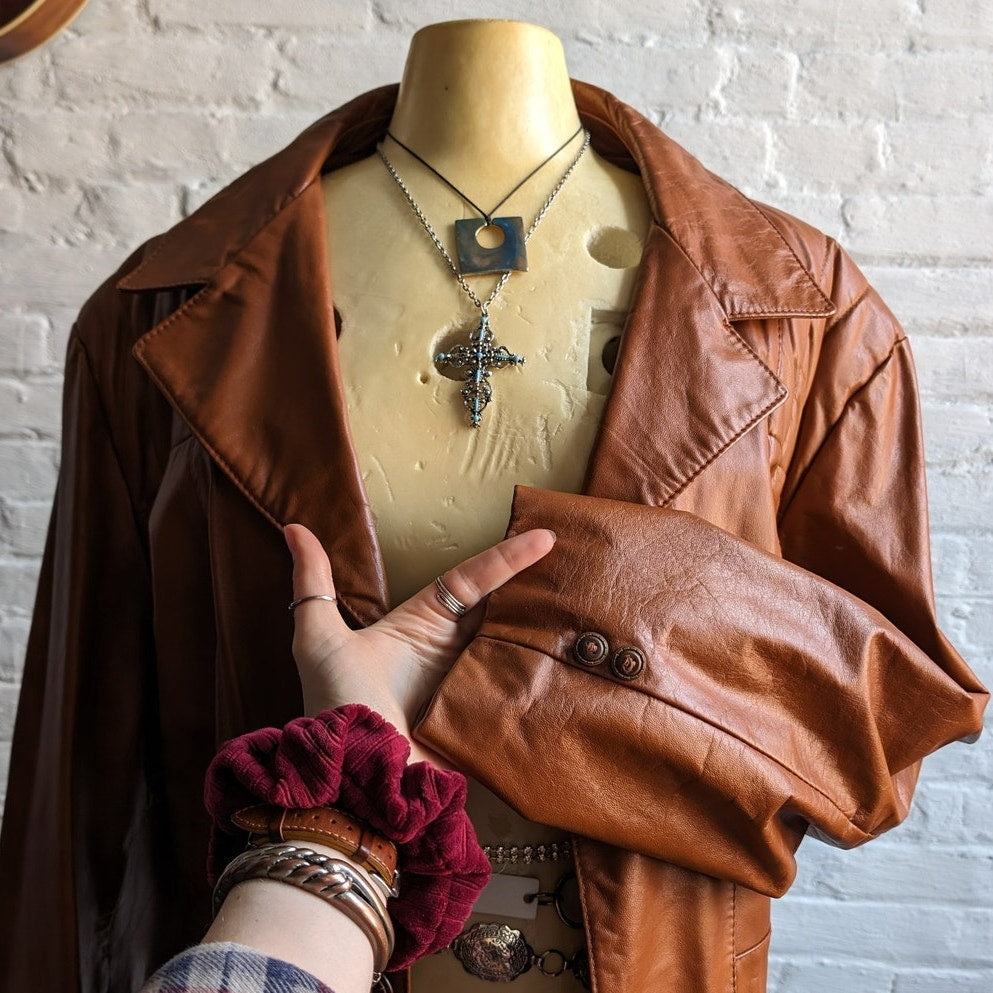 Vintage Rust Orange Leather Trench Coat Western Duster Red 70s Leather Jacket 2X