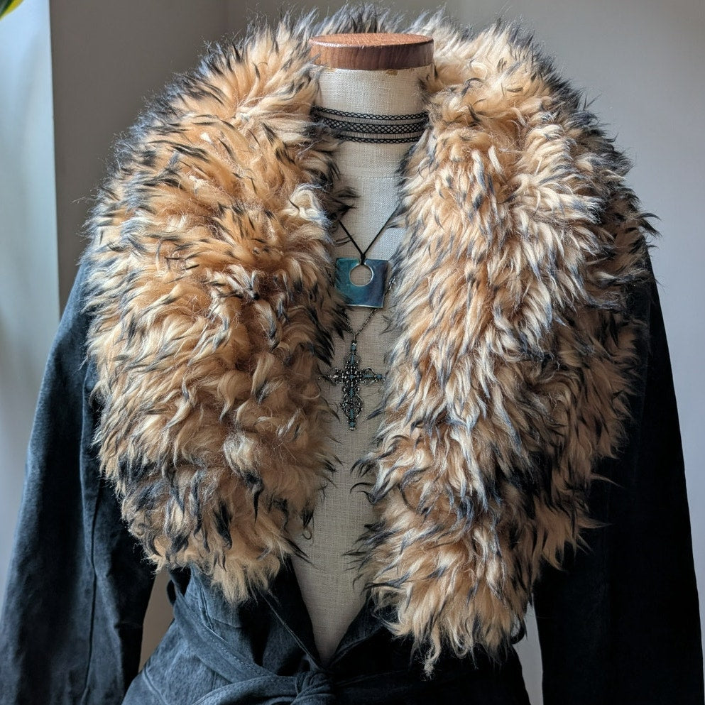 Vintage Black Leather Jacket Suede Fur Coat Penny Lane Trench Boho Afghan Small