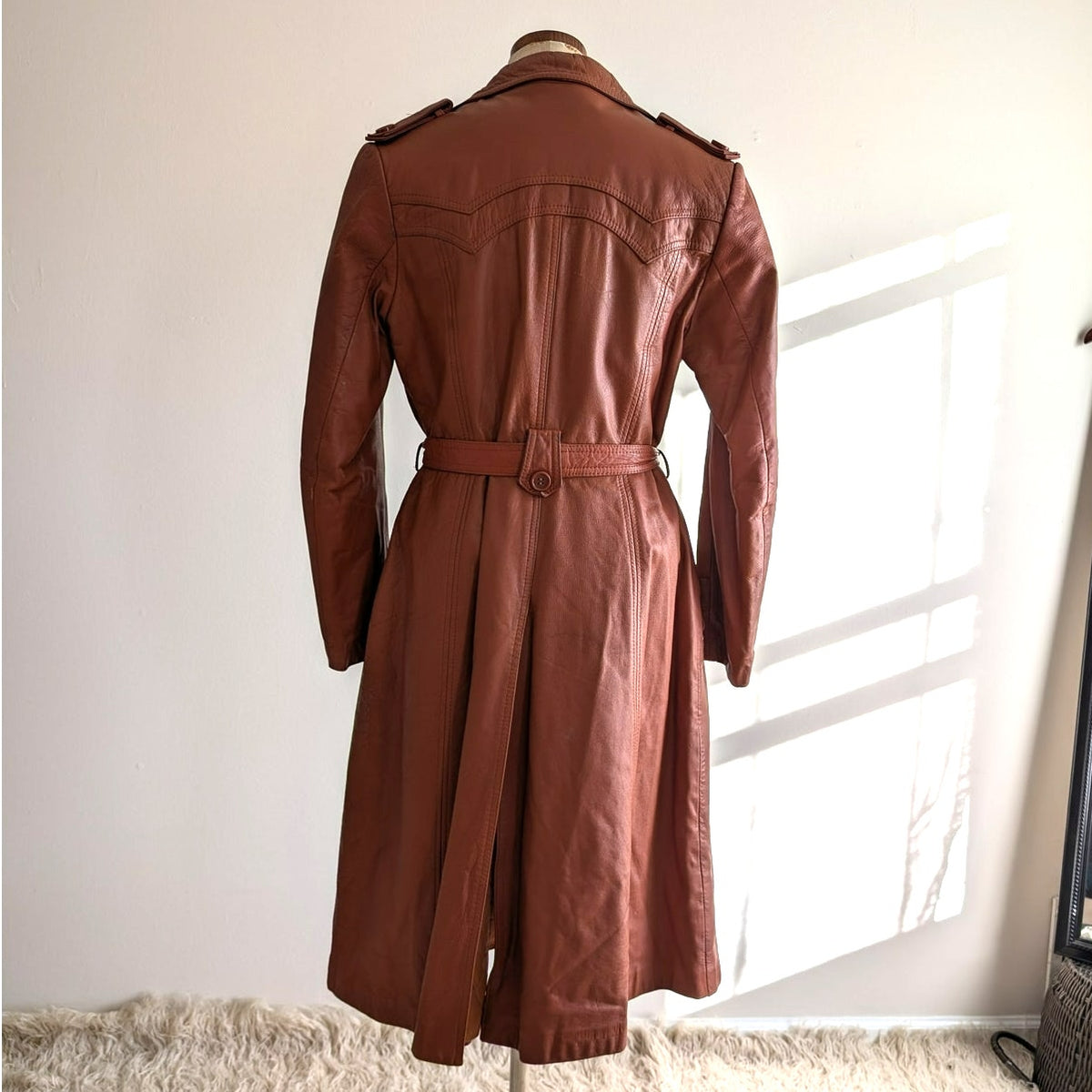 Vintage 70s Orange Brown Leather Trench Coat M Belted Western Boho Duster Jacket