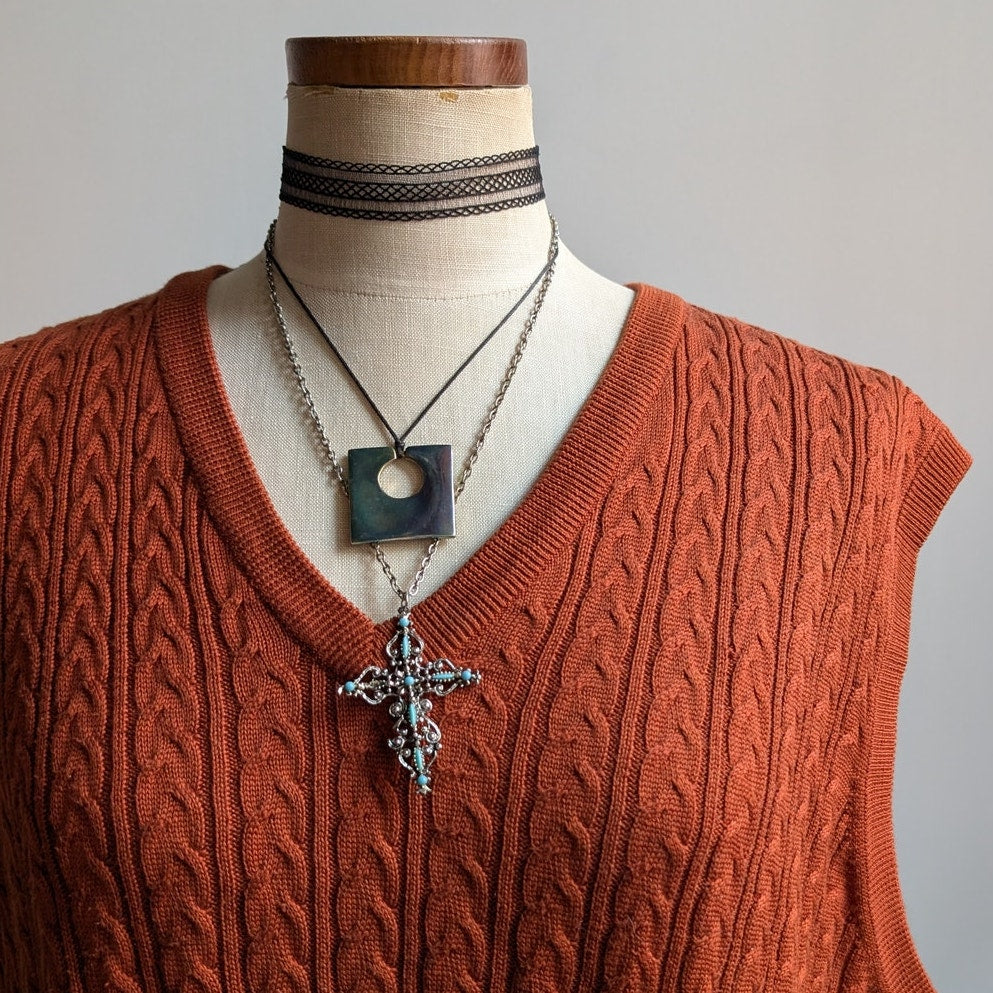 Vintage Silk Cable Knit Sweater Vest Rust Orange Grandpa Cottage Preppy Top XL