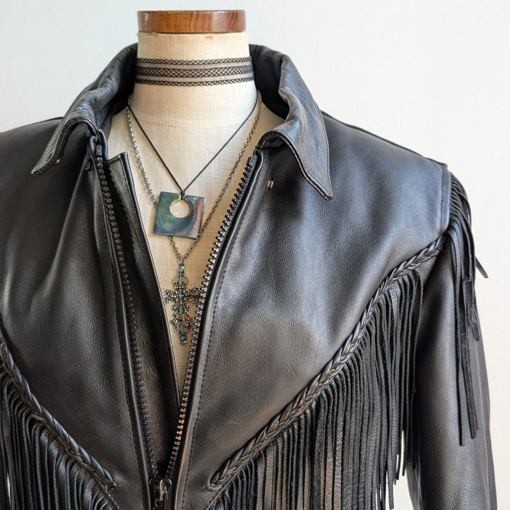 Vintage Black Leather Biker Jacket Fringe Sexy Moto Cowgirl Western Coat Small